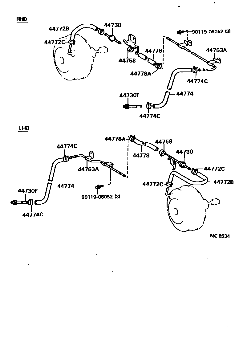 Toyota COROLLA 制动助力器和真空管 EPC diagram — MCB534