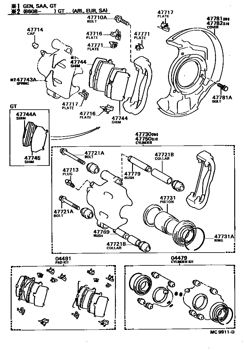 Toyota COROLLA 前盘式制动器卡钳和防尘罩 EPC diagram — MC9911D