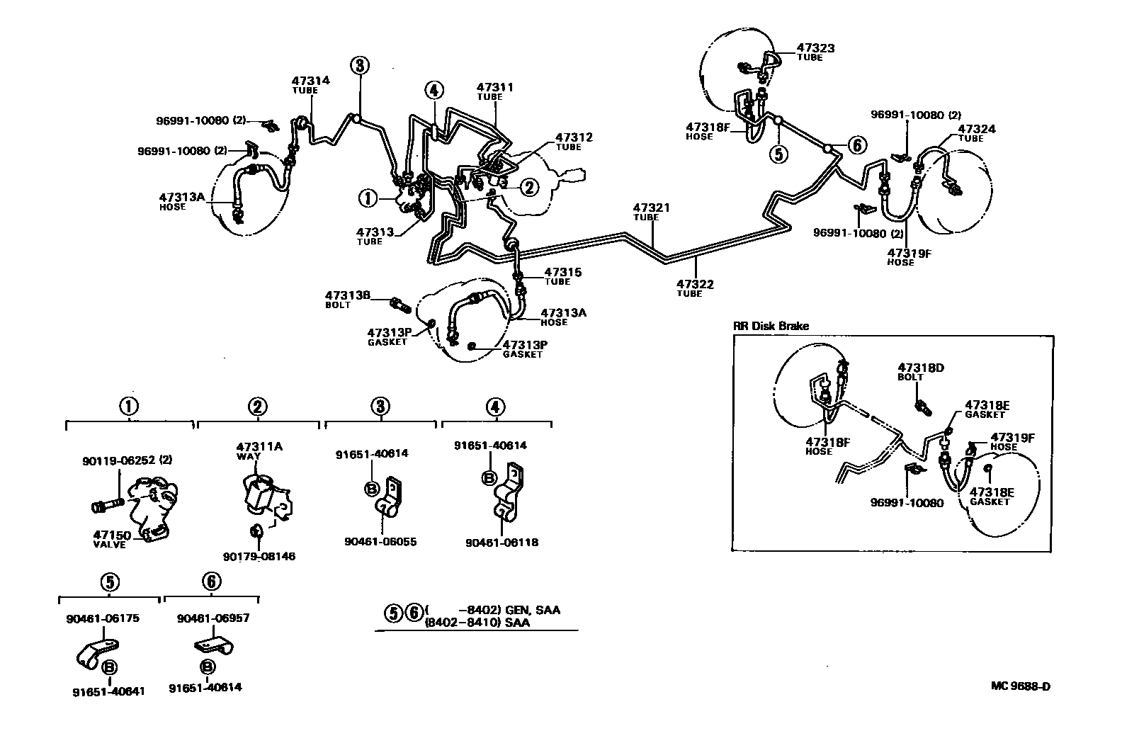 Toyota COROLLA 制动配管和卡箍 EPC diagram — MC9688D