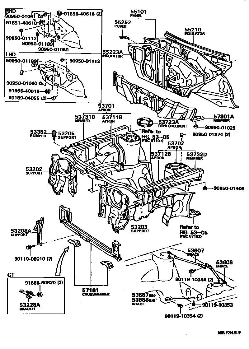 Toyota COROLLA 前翼子板挡泥板和前围板 EPC diagram — MBF349F