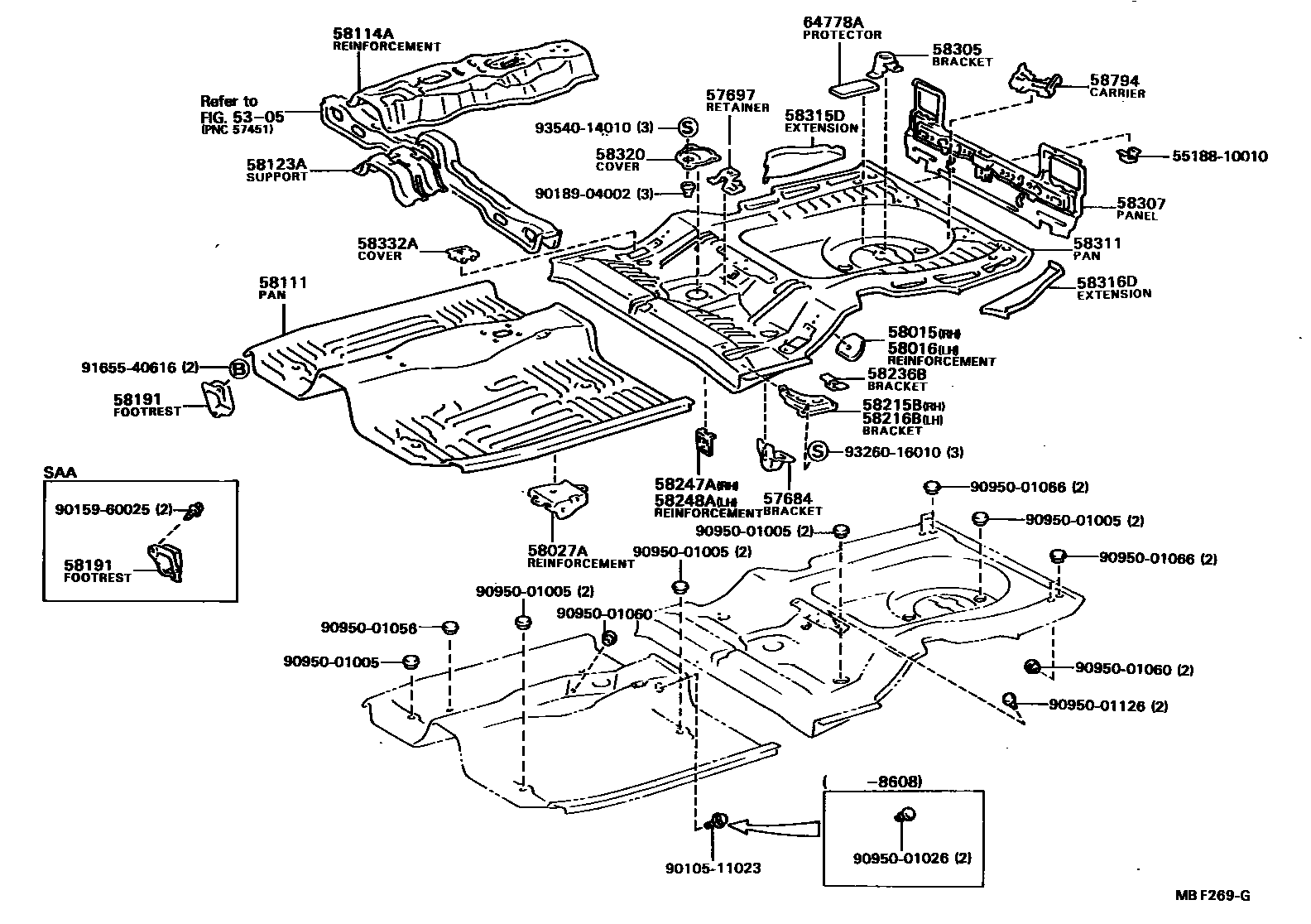 Toyota COROLLA 浅盘形地板和车身下背板 EPC diagram — MBF269G