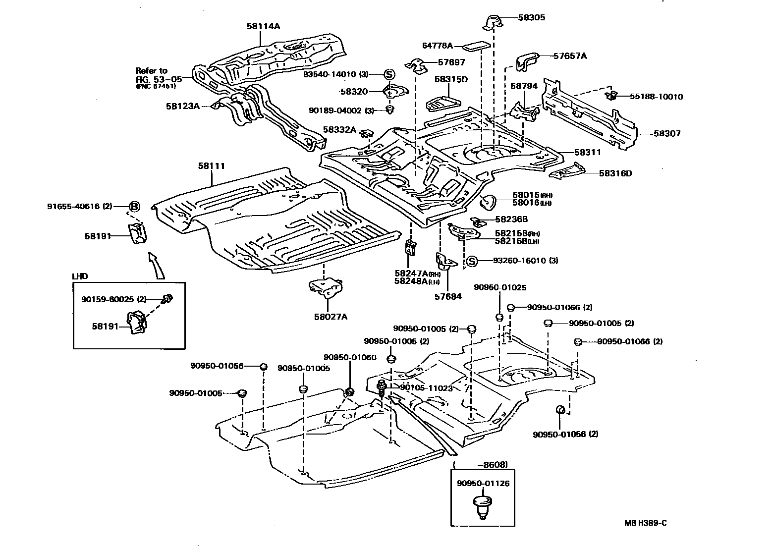 Toyota COROLLA 浅盘形地板和车身下背板 EPC diagram — MBH389C