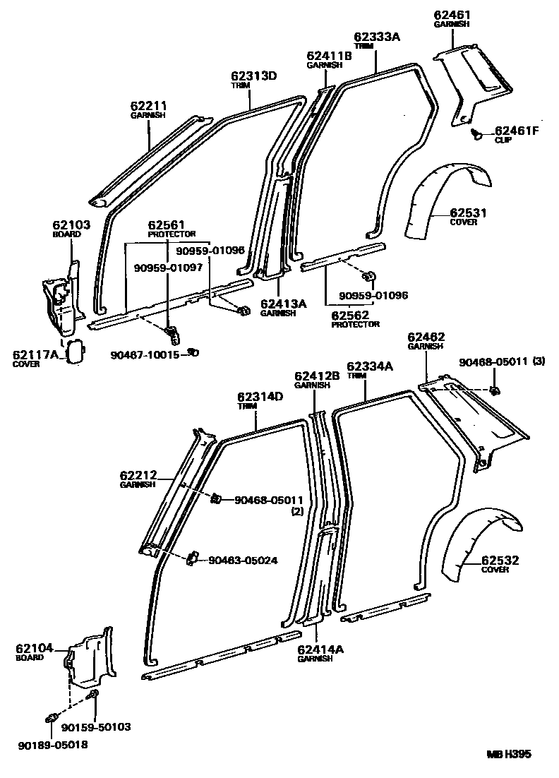 Toyota COROLLA 内饰板和车门防水胶条 EPC diagram — MBH395