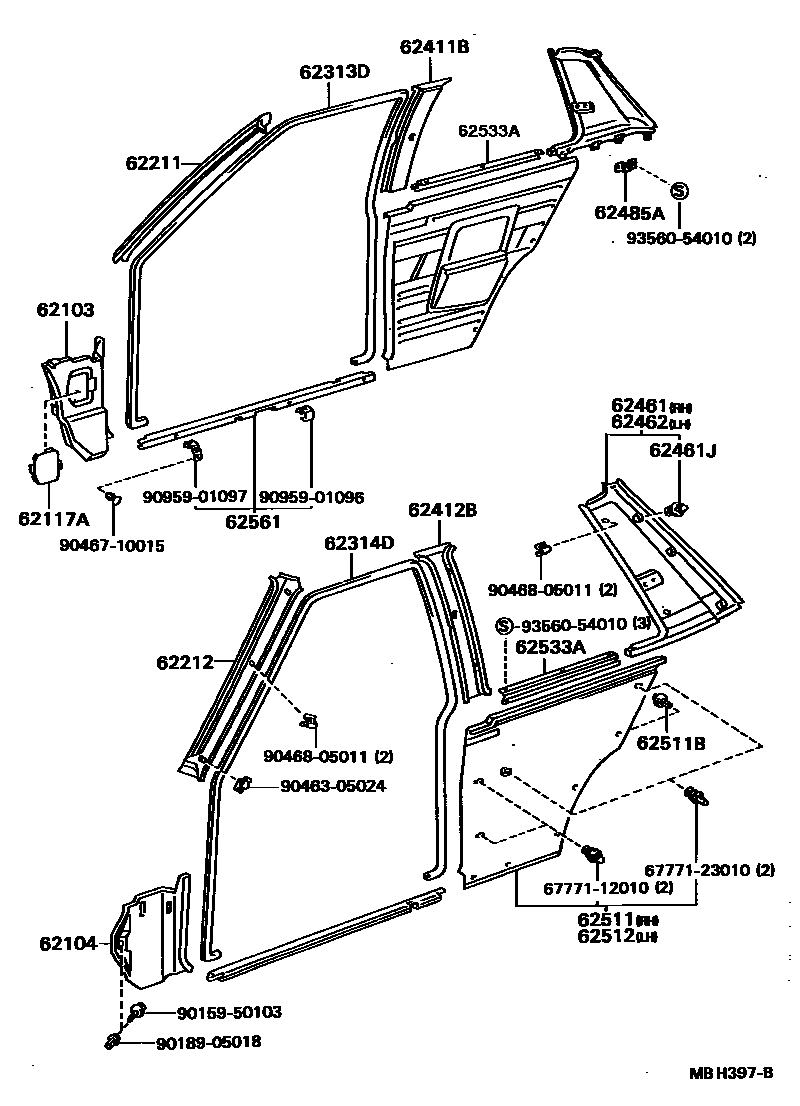 Toyota COROLLA 内饰板和车门防水胶条 EPC diagram — MBH397B