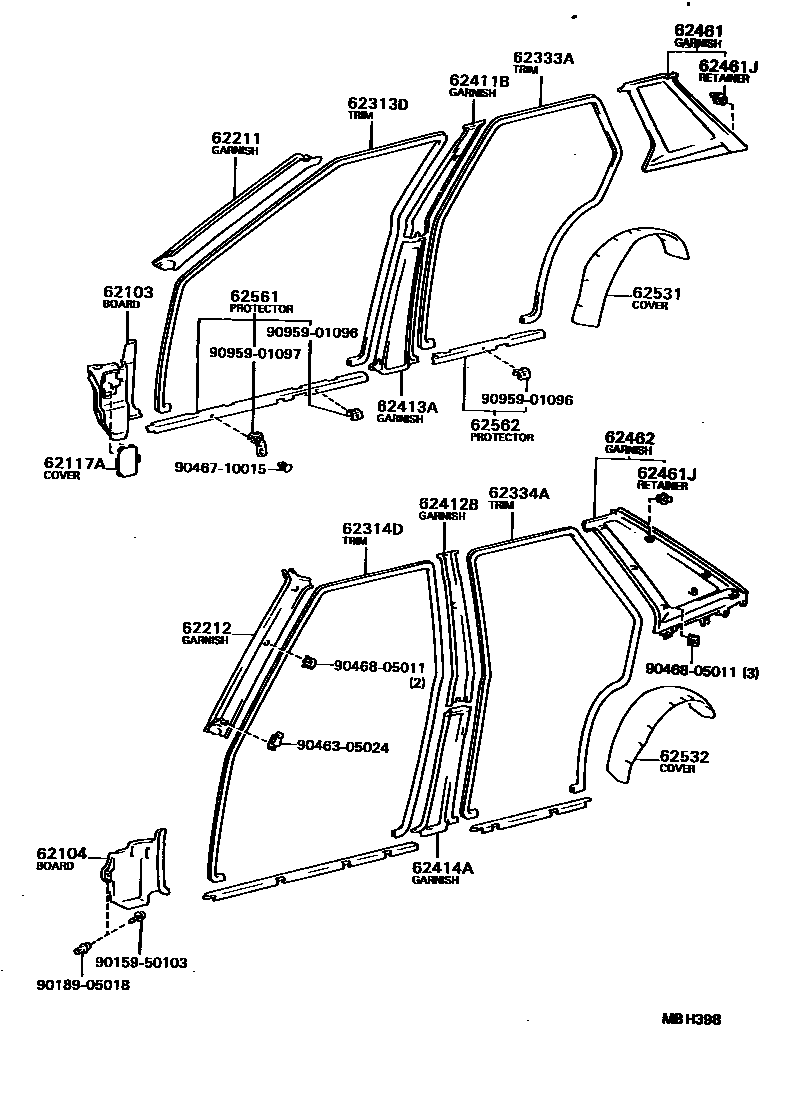 Toyota COROLLA 内饰板和车门防水胶条 EPC diagram — MBH398