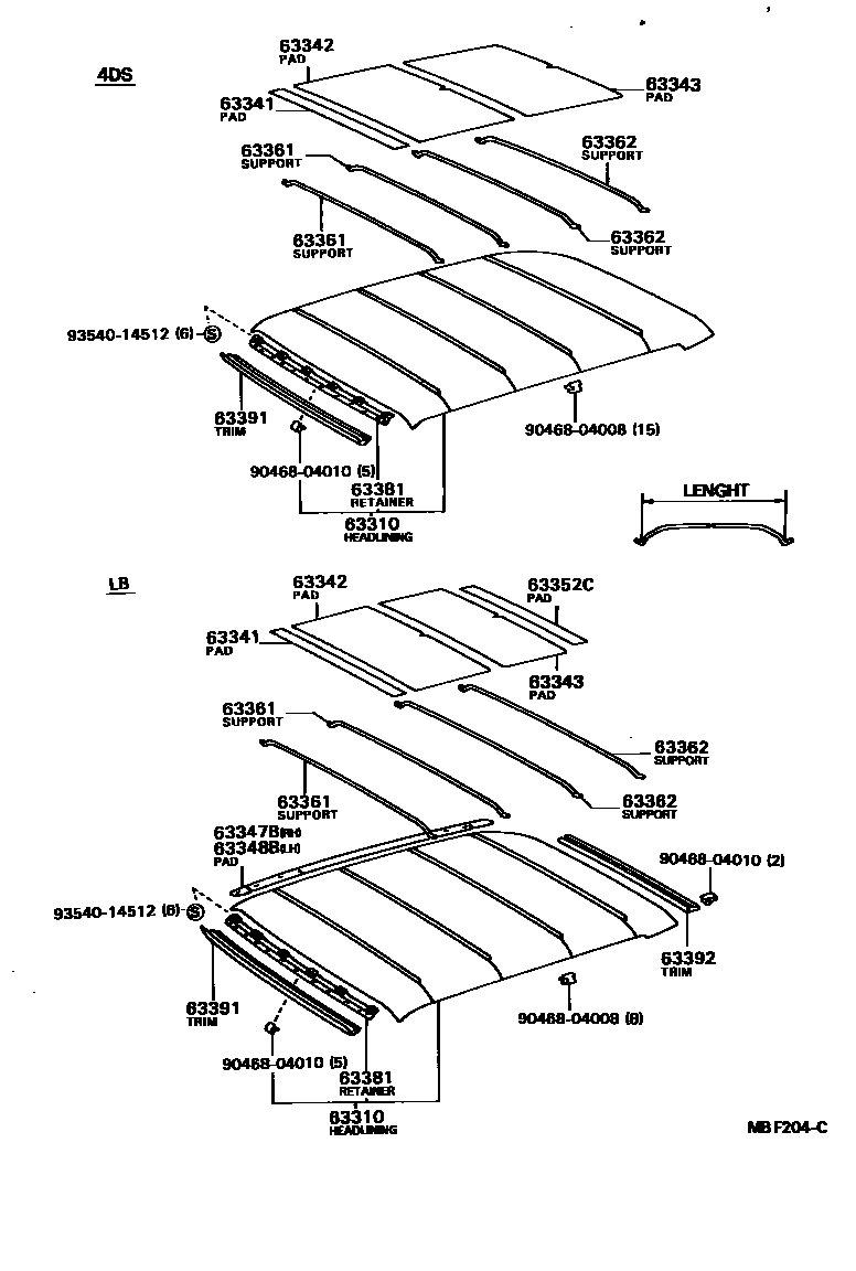 Toyota COROLLA 车顶内衬和消声垫 EPC diagram — MBF204C