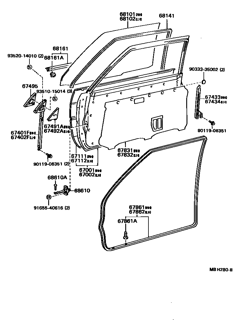 Toyota COROLLA 前门板和前门玻璃 EPC diagram — MBH280B