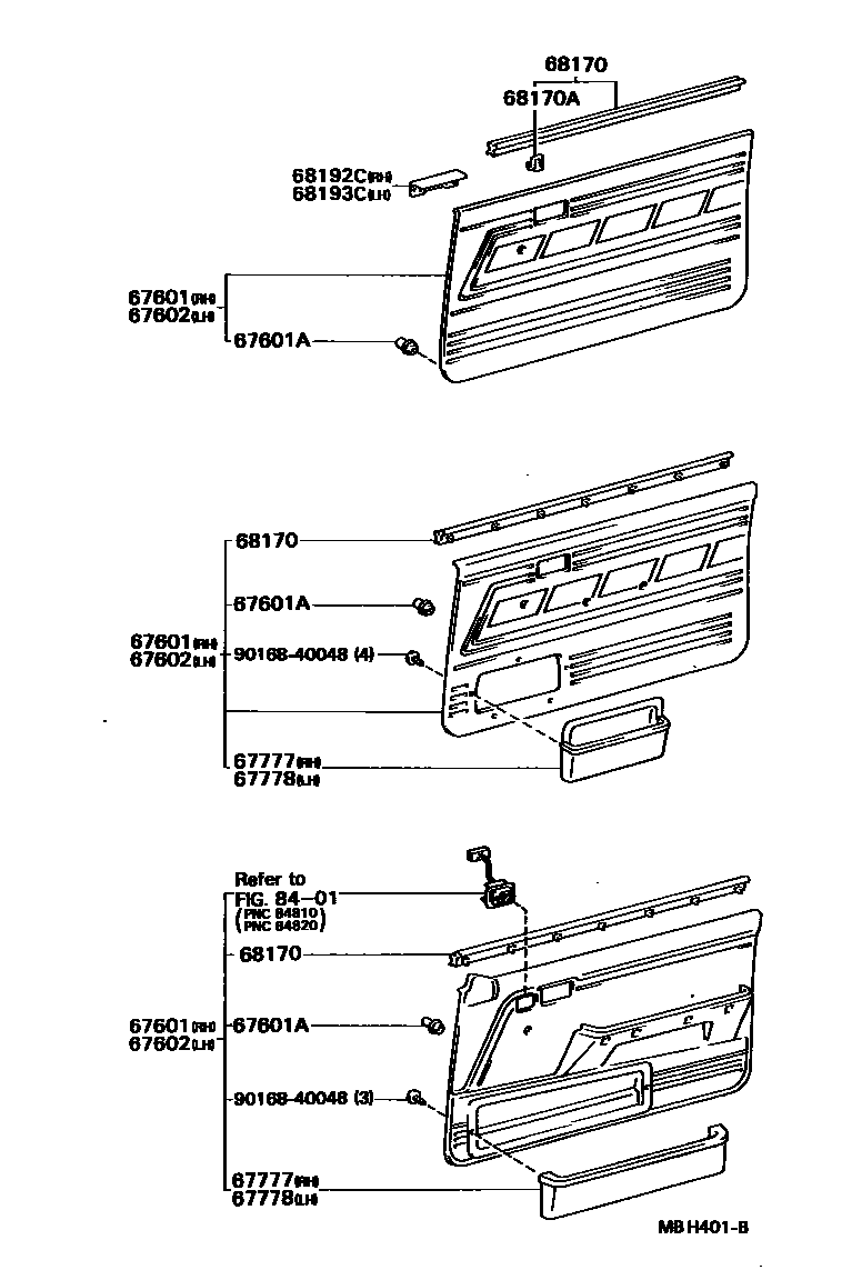 Toyota COROLLA 前门板和前门玻璃 EPC diagram — MBH401B