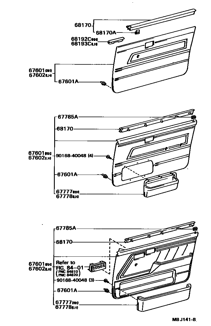 Toyota COROLLA 前门板和前门玻璃 EPC diagram — MBJ141B