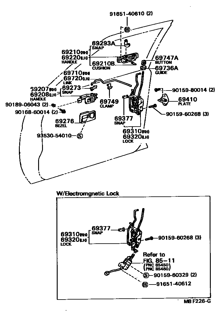 Toyota COROLLA 前门锁和车门把手 EPC diagram — MBF226G