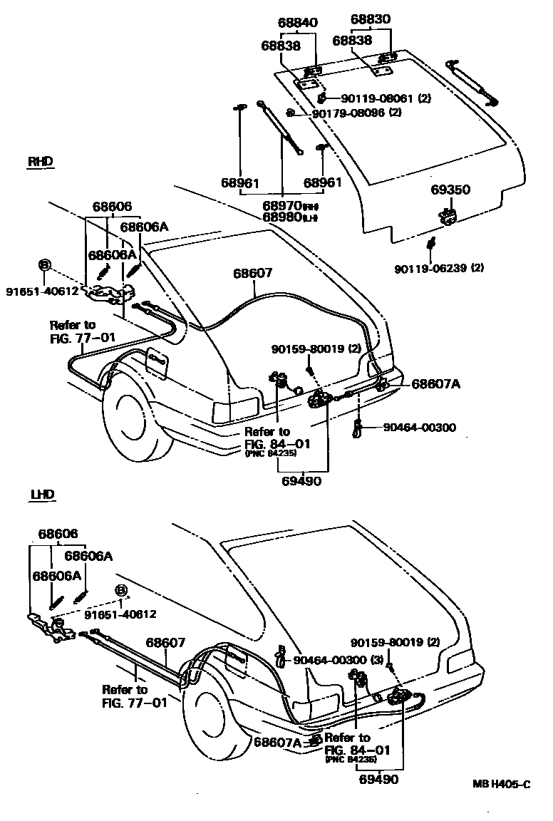 Toyota COROLLA 背门锁和背门把手 EPC diagram — MBH405C