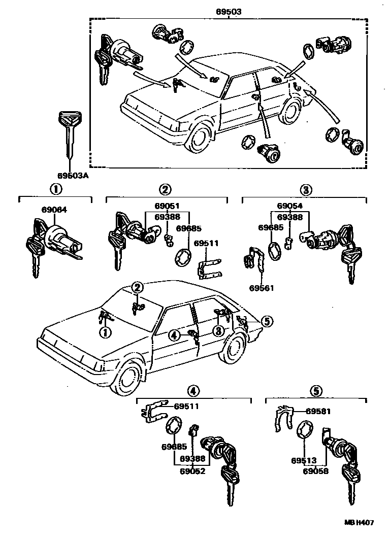 Toyota COROLLA 锁芯组件 EPC diagram — MBH407
