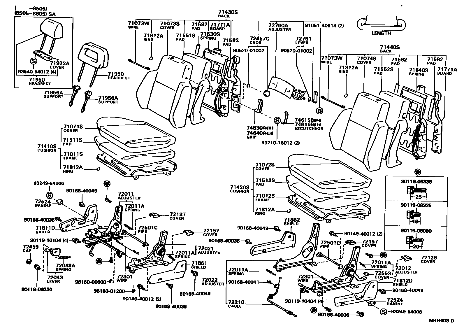 Toyota COROLLA 前排座椅和座椅滑轨 EPC diagram — MBH408D