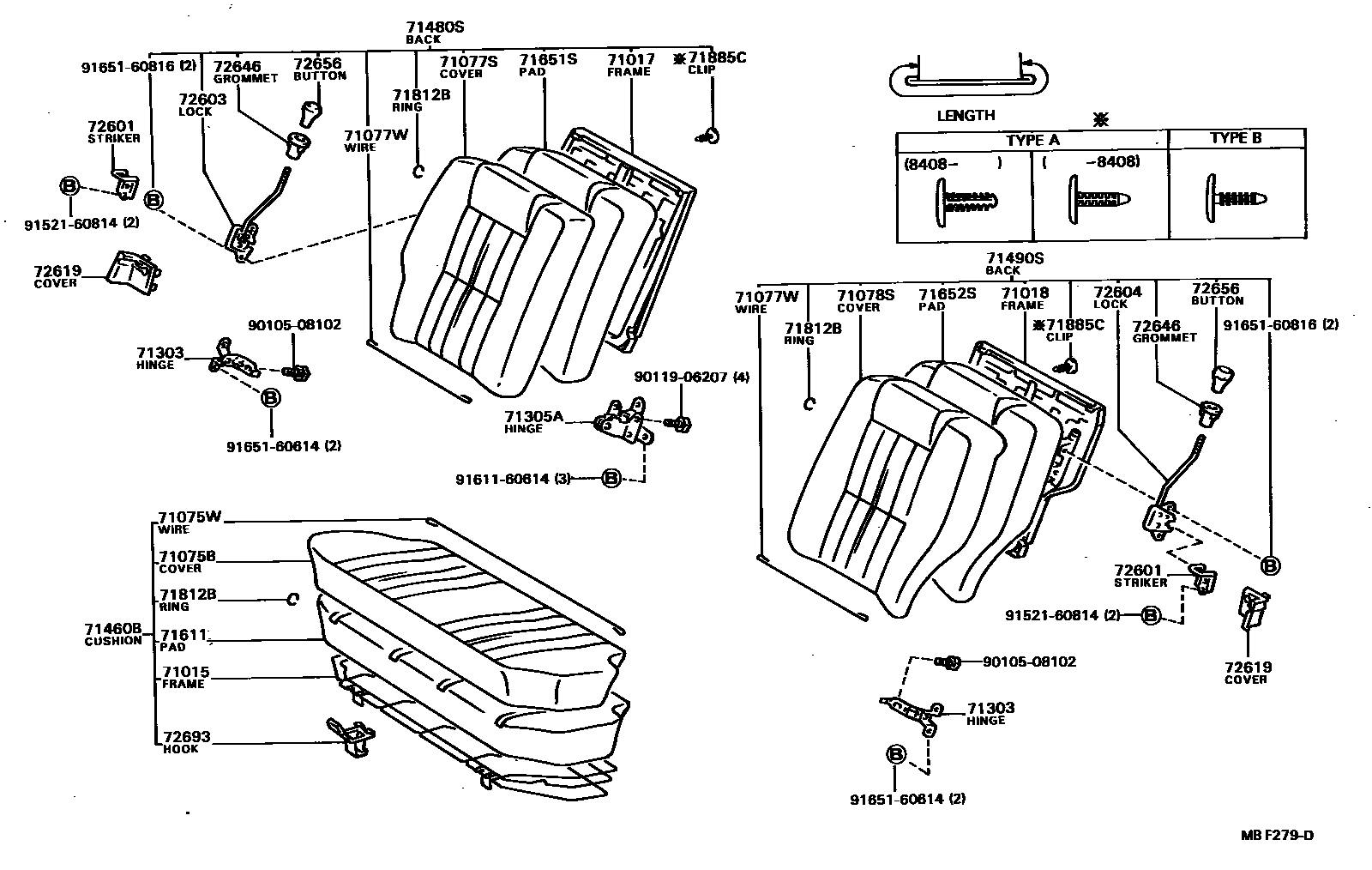 Toyota COROLLA 后排座椅和座椅滑轨 EPC diagram — MBF279D