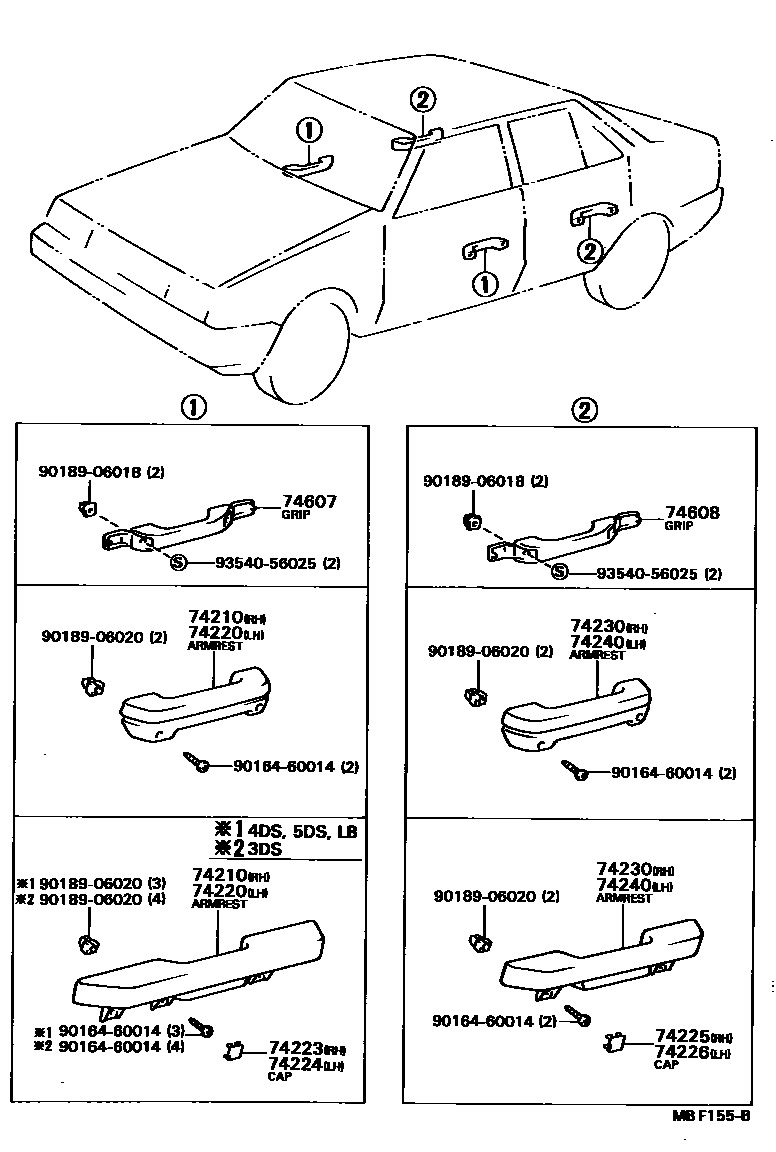 Toyota COROLLA 扶手和遮阳板 EPC diagram — MBF155B