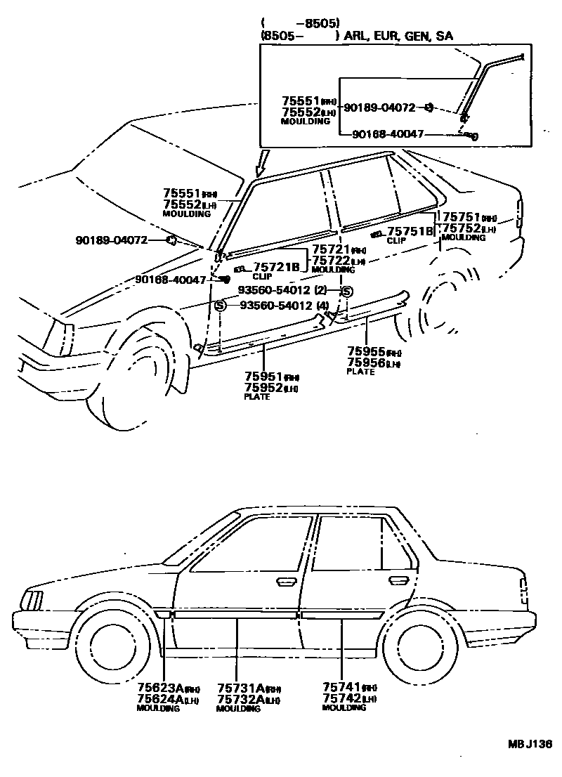 Toyota COROLLA 侧防护条 EPC diagram — MBJ136