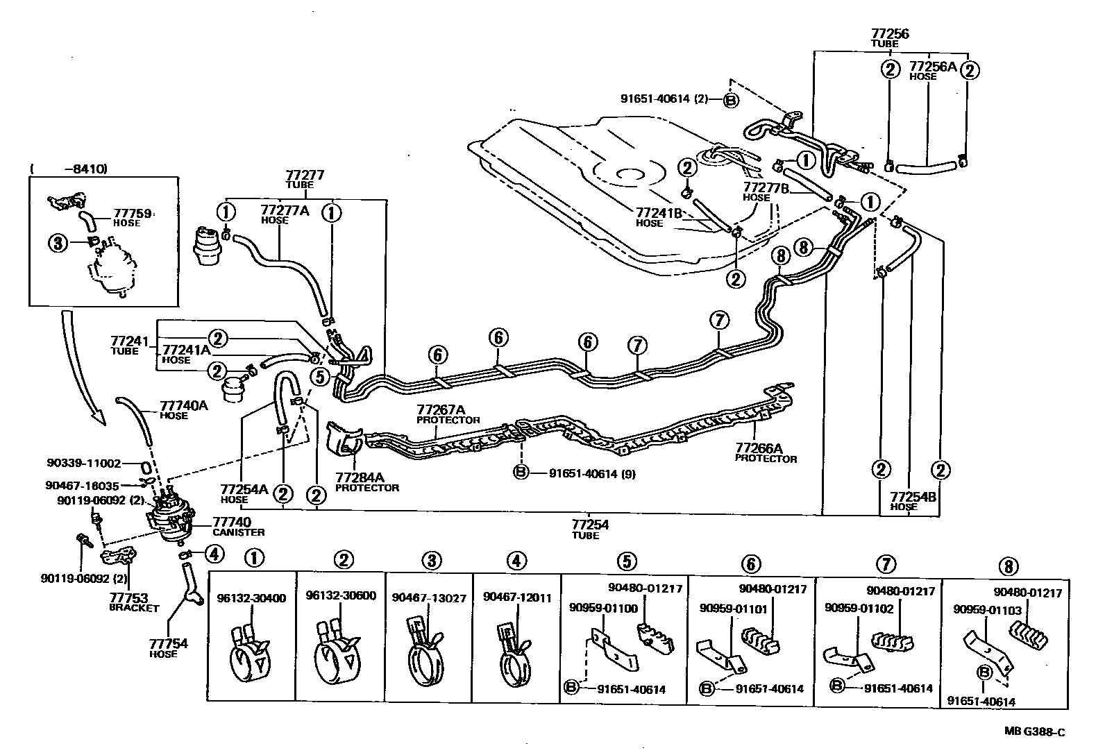 Toyota COROLLA 燃油箱和燃油管 EPC diagram — MBG388C