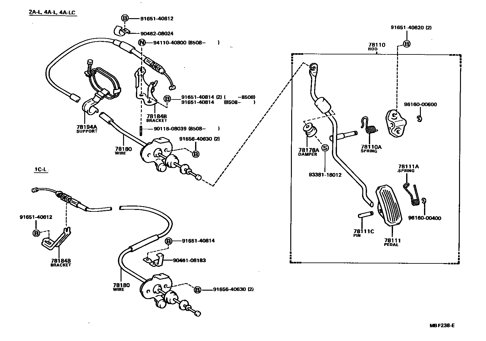 Toyota COROLLA accelerator pedal connecting rod EPC diagram — MBF238E