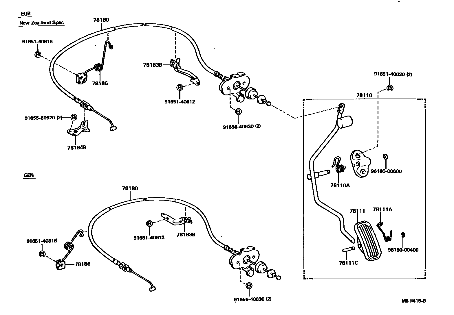 Toyota COROLLA accelerator pedal connecting rod EPC diagram — MBH415B