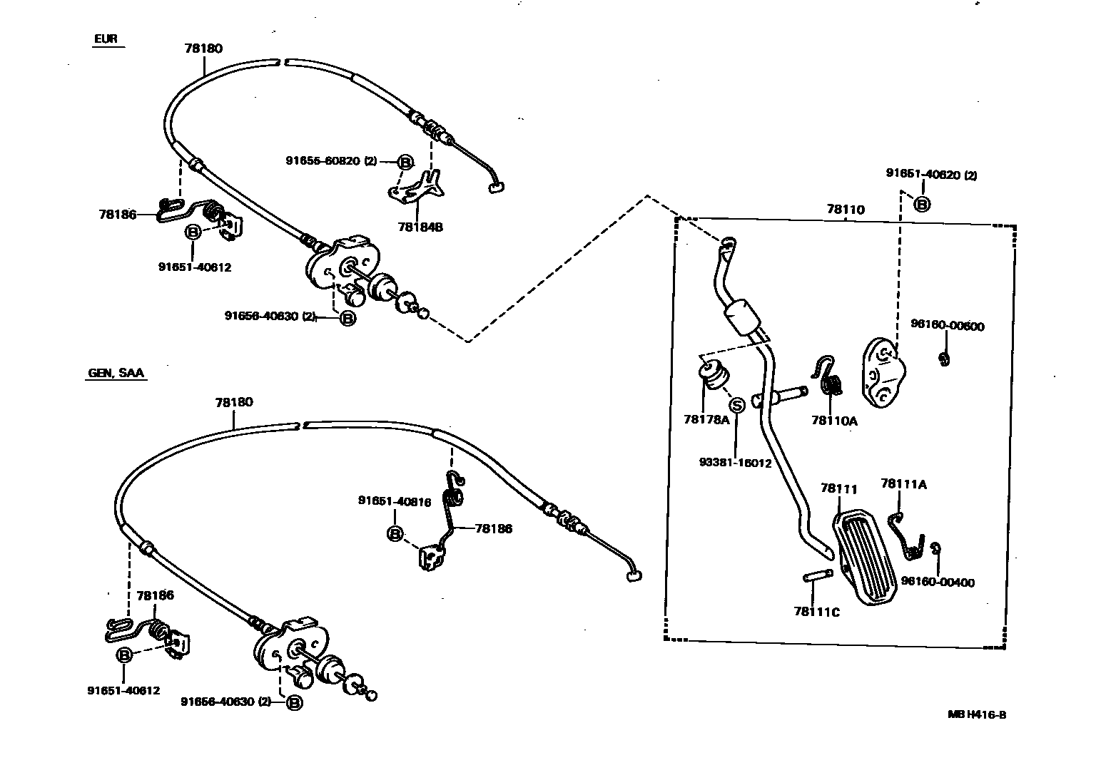 Toyota COROLLA accelerator pedal connecting rod EPC diagram — MBH416B