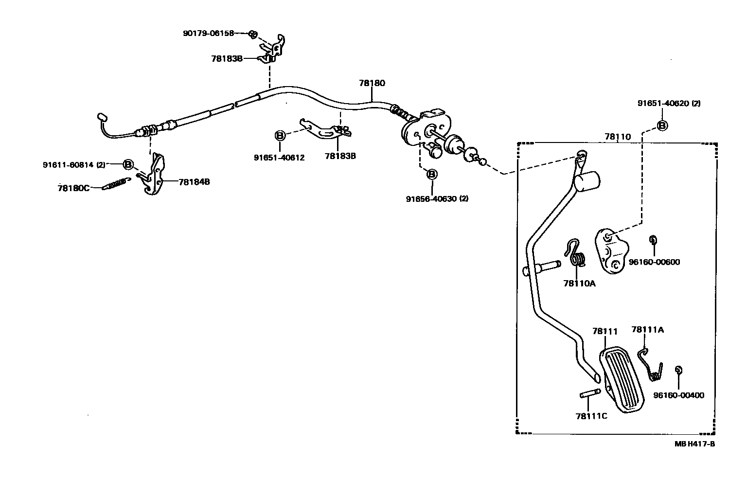 Toyota COROLLA accelerator pedal connecting rod EPC diagram — MBH417B