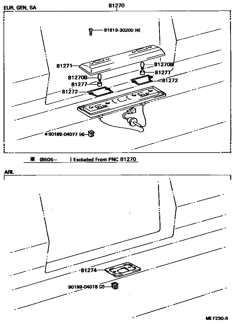 Toyota COROLLA 后牌照灯 EPC diagram — MEF230B