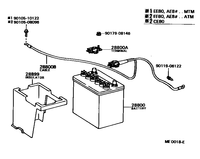 Toyota COROLLA 蓄电池和蓄电池电缆 EPC diagram — MED018E