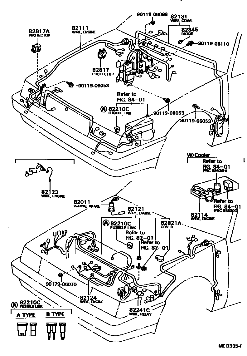 Toyota COROLLA 线束和卡夹 EPC diagram — MED335F