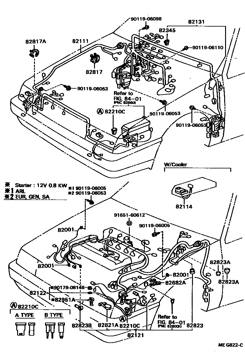 Toyota COROLLA 线束和卡夹 EPC diagram — MEG822C