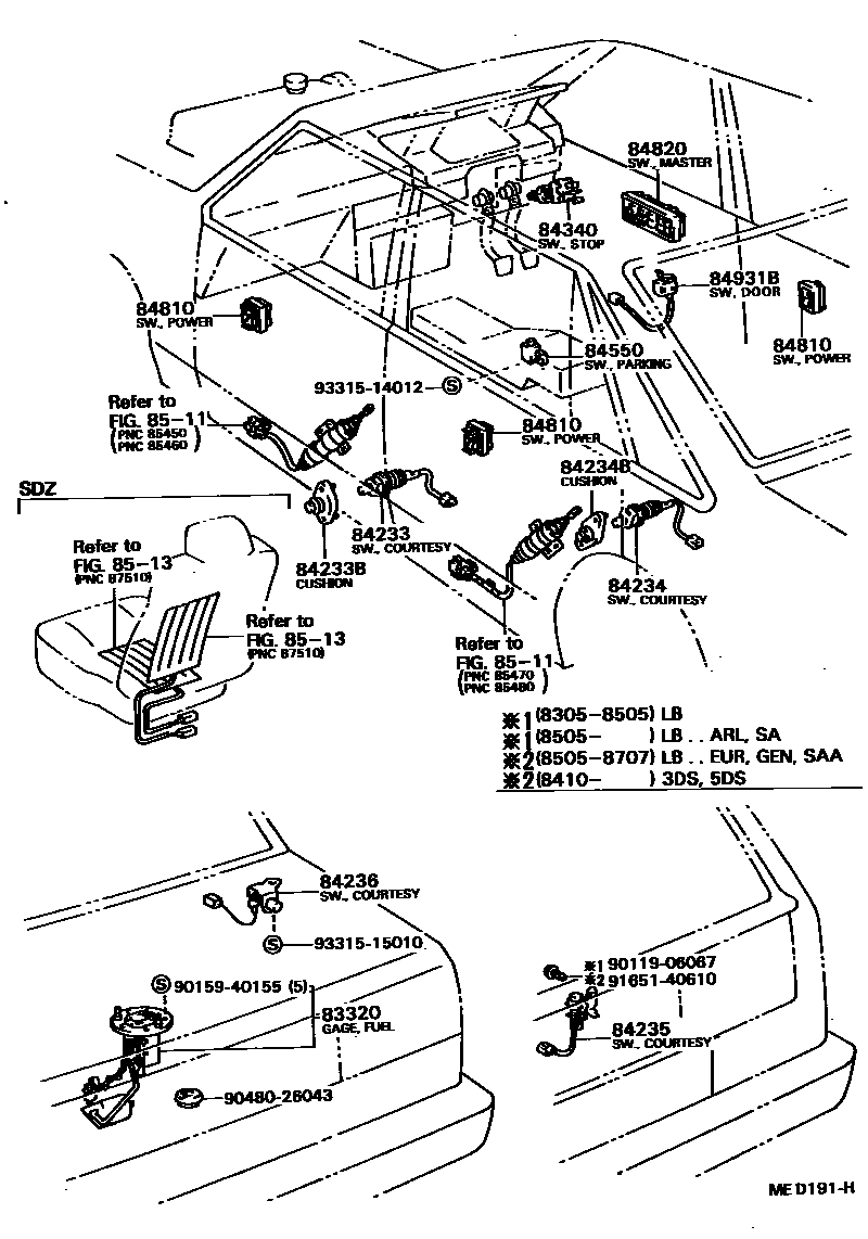 Toyota COROLLA 开关和继电器和ECU EPC diagram — MED191H