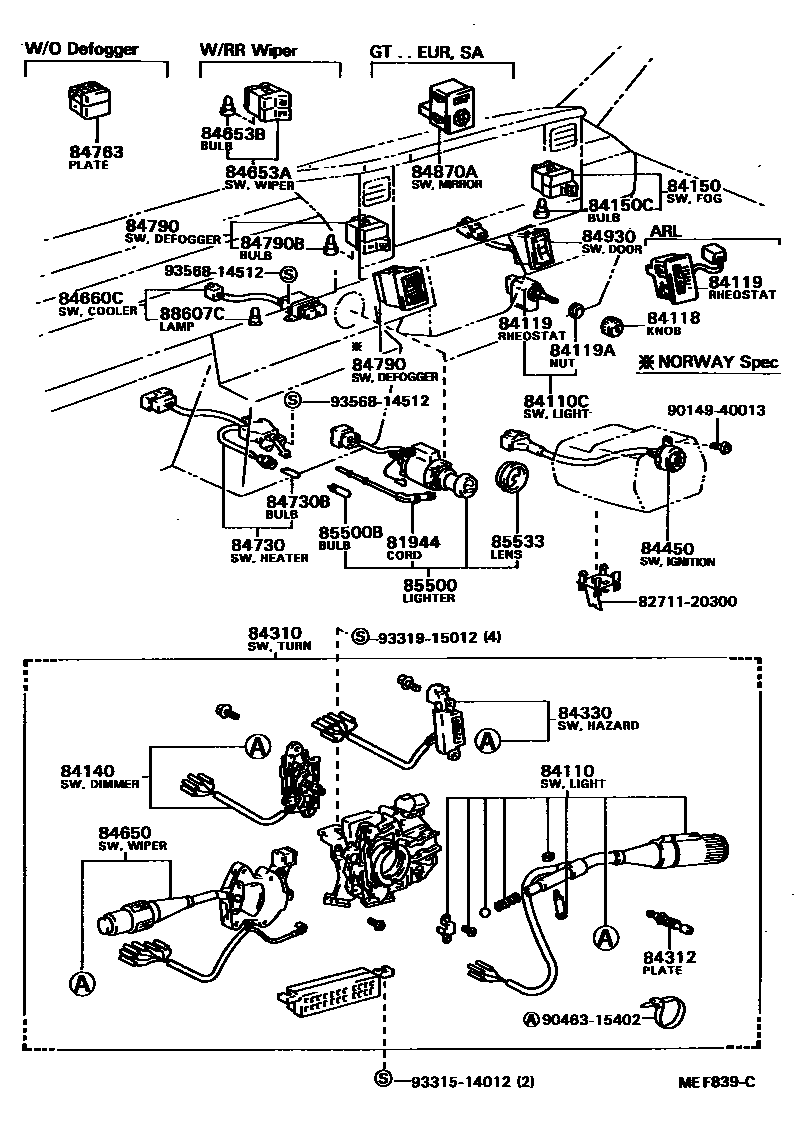 Toyota COROLLA 开关和继电器和ECU EPC diagram — MEF839C