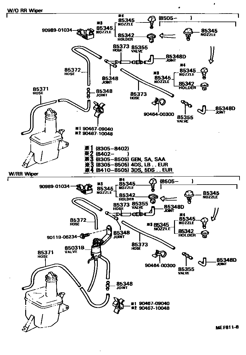 Toyota COROLLA 挡风玻璃清洗器 EPC diagram — MEF811B