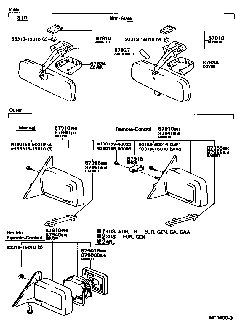 Toyota COROLLA 后视镜 EPC diagram — MED198D