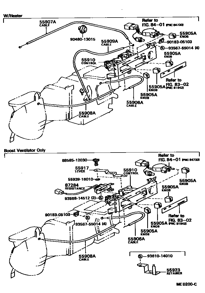 Toyota COROLLA 暖风和空调系统 - 控制器和风管 EPC diagram — MED200C