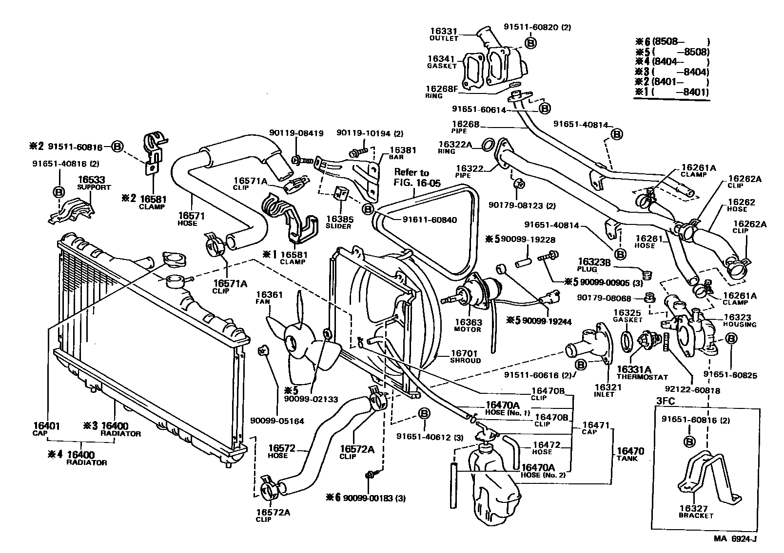 Toyota COROLLA RADIATOR & WATER OUTLET EPC diagram — MA6924J
