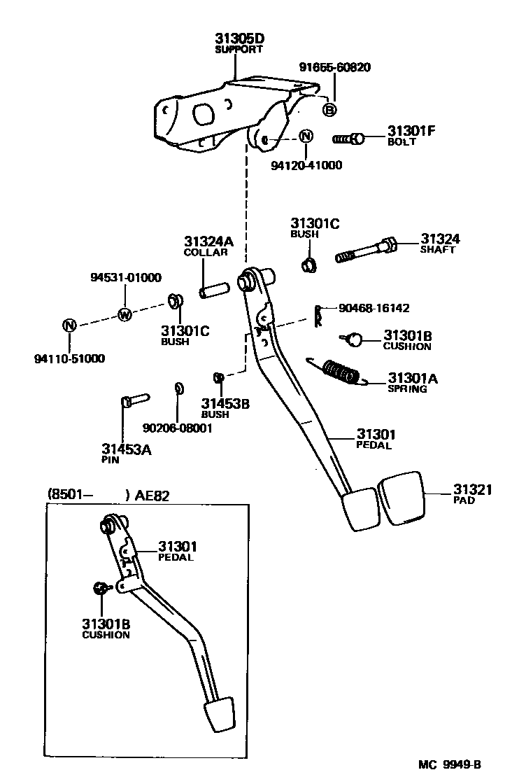 Toyota COROLLA 离合器踏板和挠性软管 EPC diagram — MC9949B