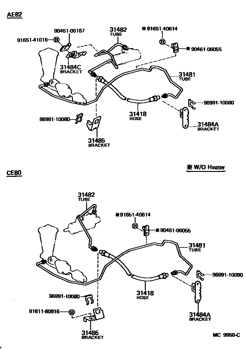 Toyota COROLLA 离合器踏板和挠性软管 EPC diagram — MC9950C