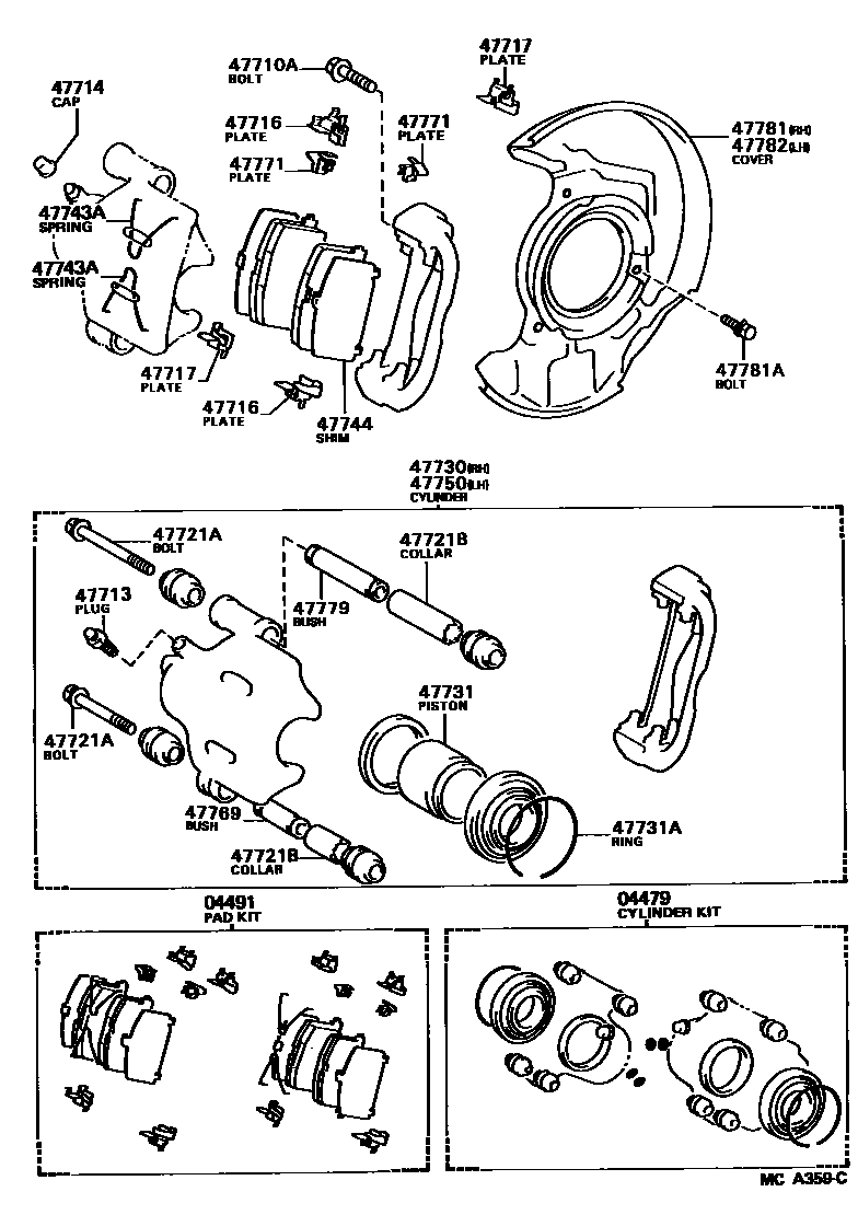 Toyota COROLLA 前盘式制动器卡钳和防尘罩 EPC diagram — MCA359C