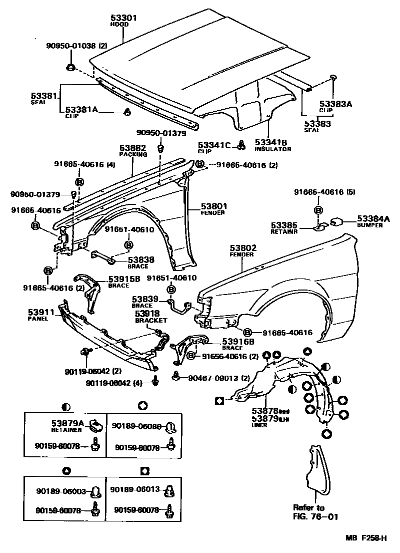 Toyota COROLLA 发动机盖和前翼子板 EPC diagram — MBF258H
