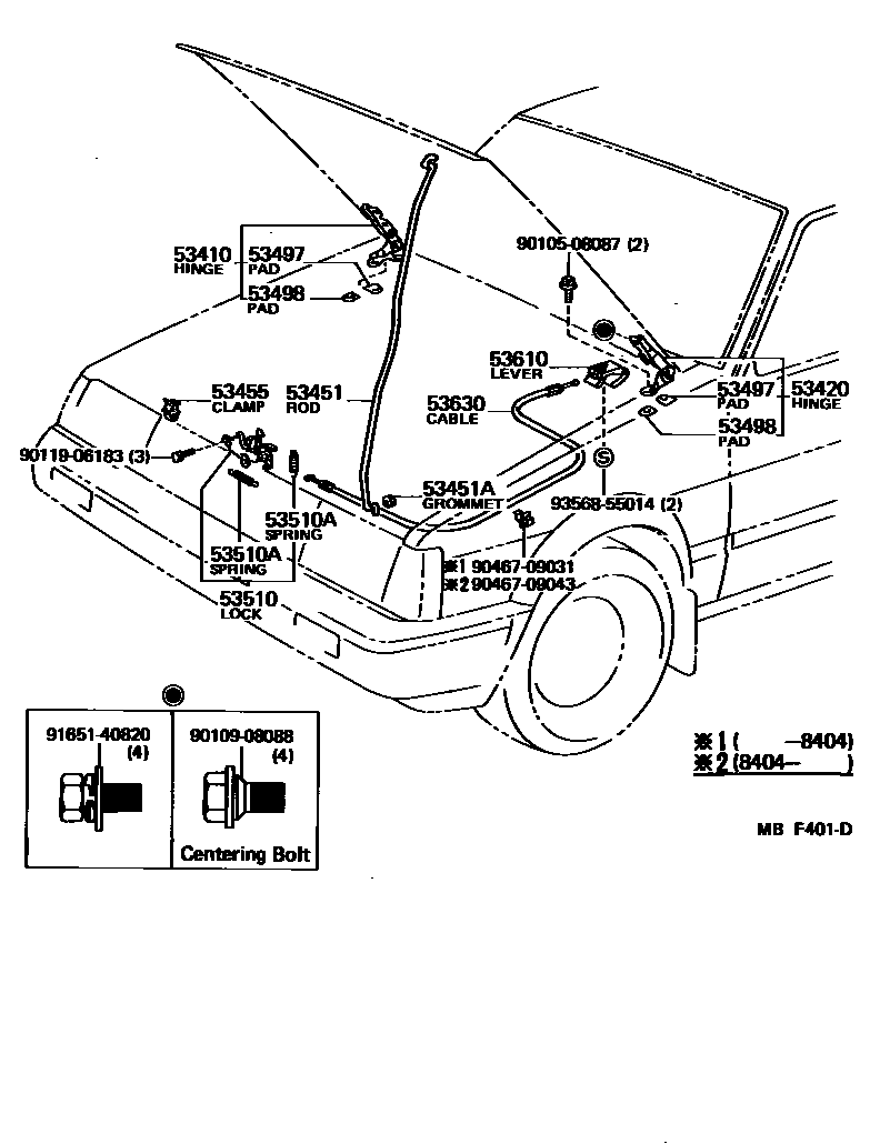Toyota COROLLA 发动机盖锁和铰链 EPC diagram — MBF401D