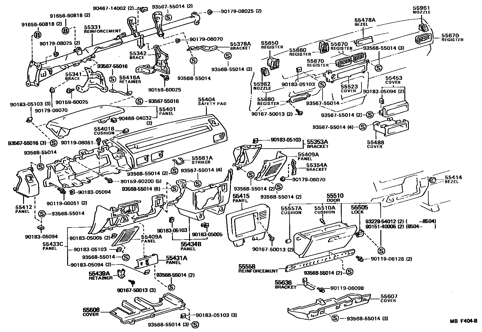 Toyota COROLLA 仪表板和手套箱 EPC diagram — MBF404B
