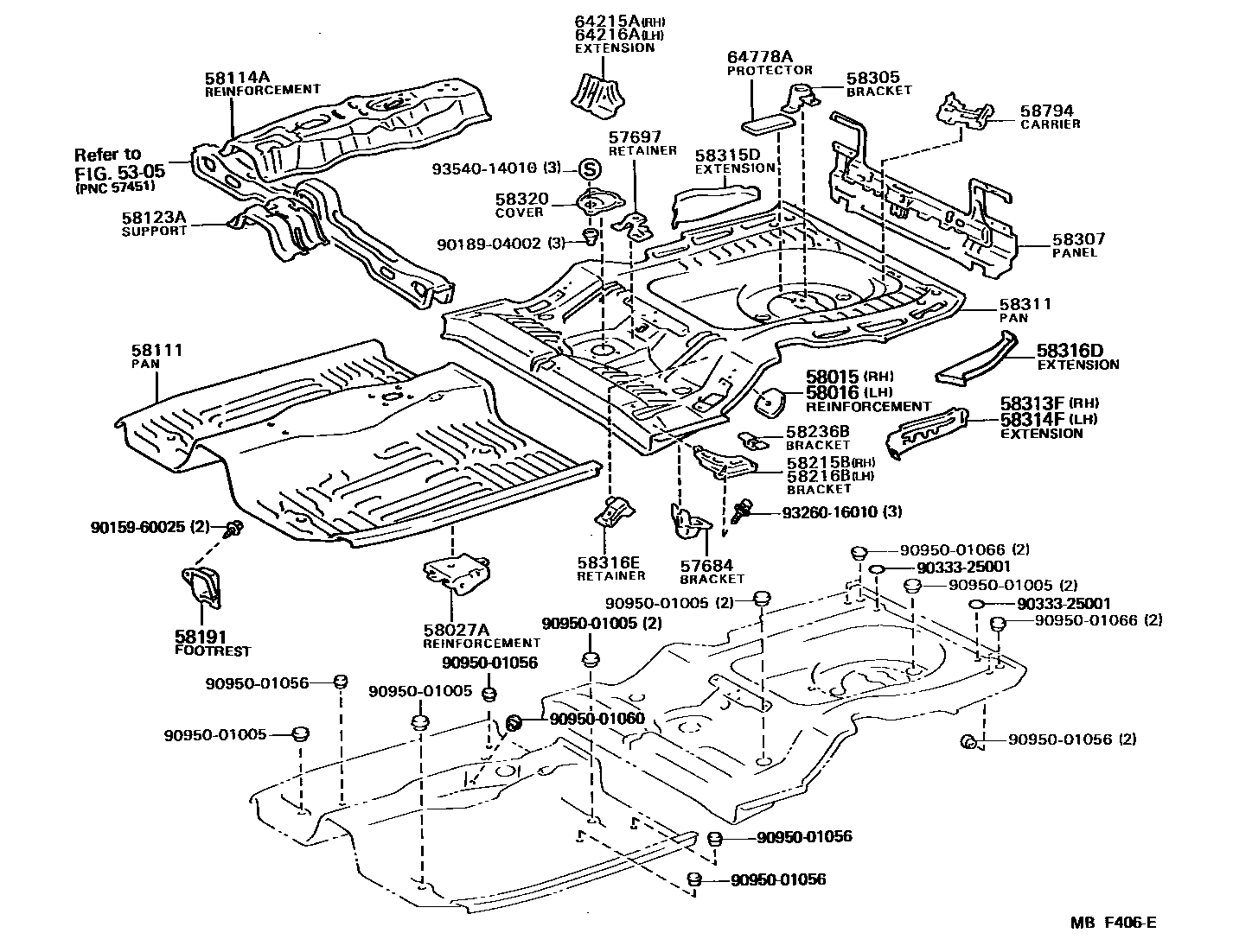 Toyota COROLLA 浅盘形地板和车身下背板 EPC diagram — MBF406E