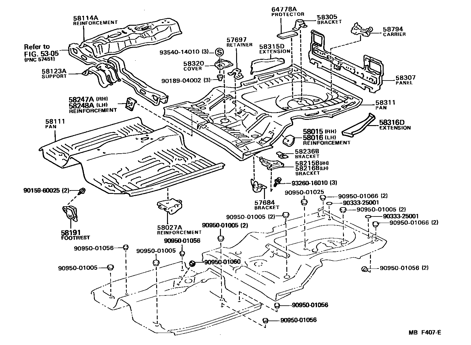 Toyota COROLLA 浅盘形地板和车身下背板 EPC diagram — MBF407E