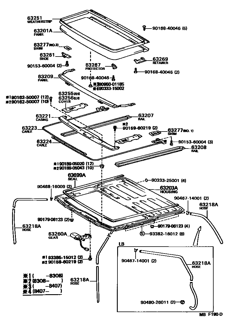 Toyota COROLLA 天窗板和背窗玻璃 EPC diagram — MBF190D