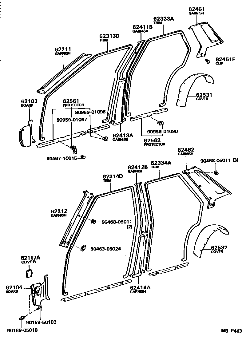 Toyota COROLLA 内饰板和车门防水胶条 EPC diagram — MBF413