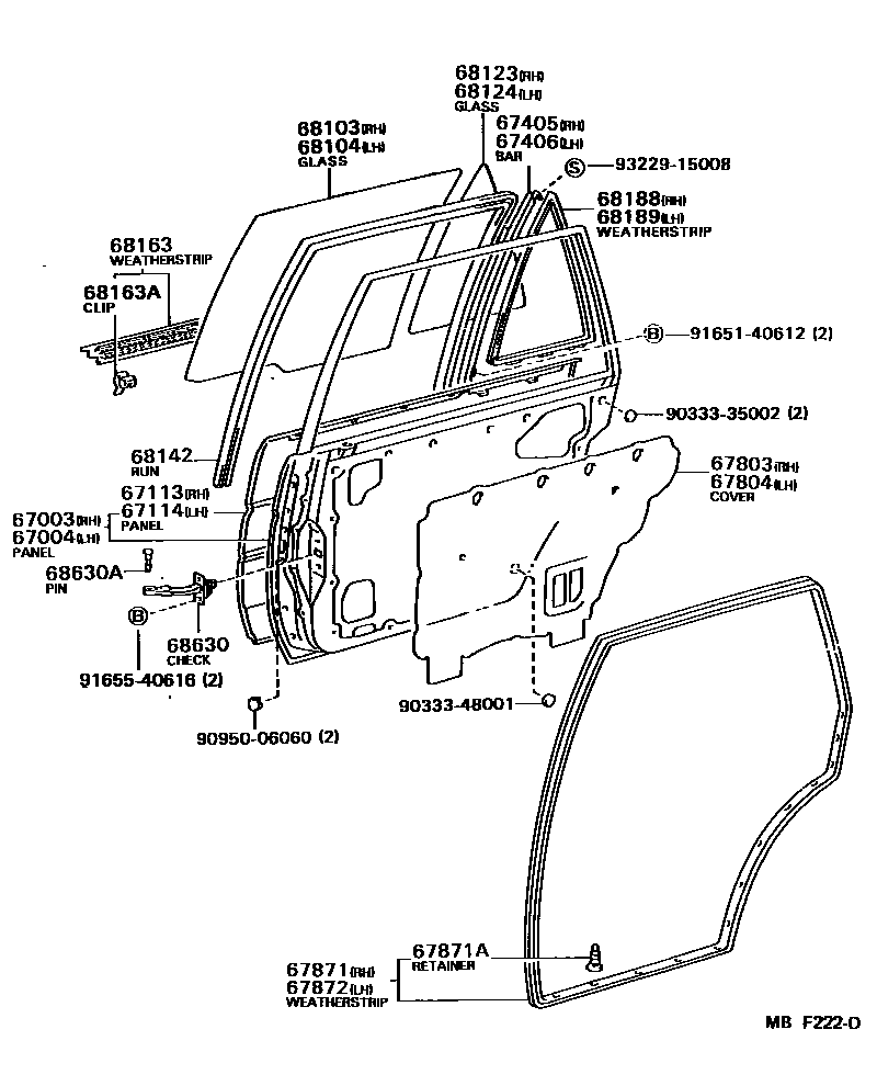 Toyota COROLLA 后门板和后门玻璃 EPC diagram — MBF222D