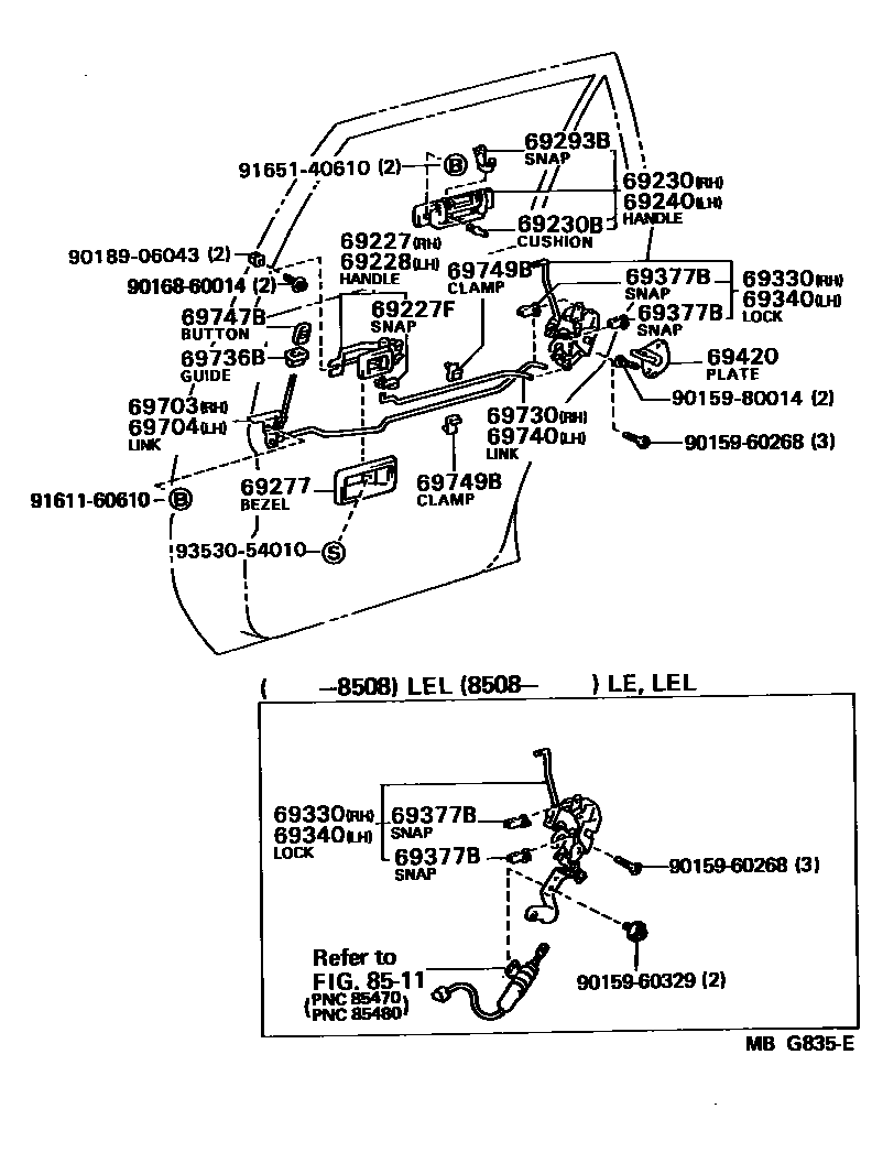 Toyota COROLLA 后门锁和后门把手 EPC diagram — MBG835E