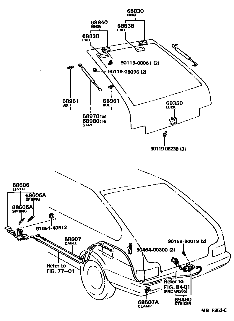 Toyota COROLLA 背门锁和背门把手 EPC diagram — MBF353E