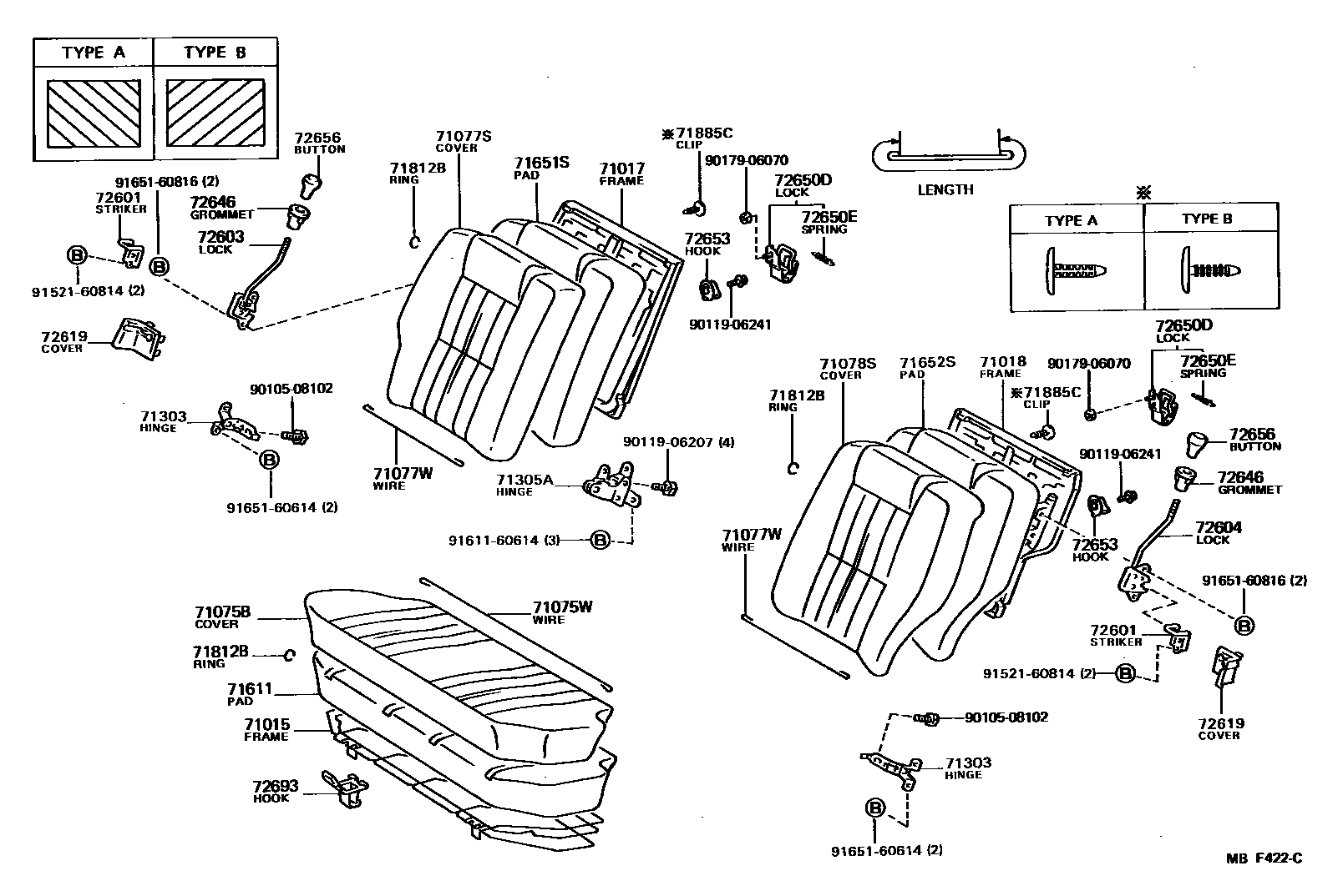 Toyota COROLLA 后排座椅和座椅滑轨 EPC diagram — MBF422C
