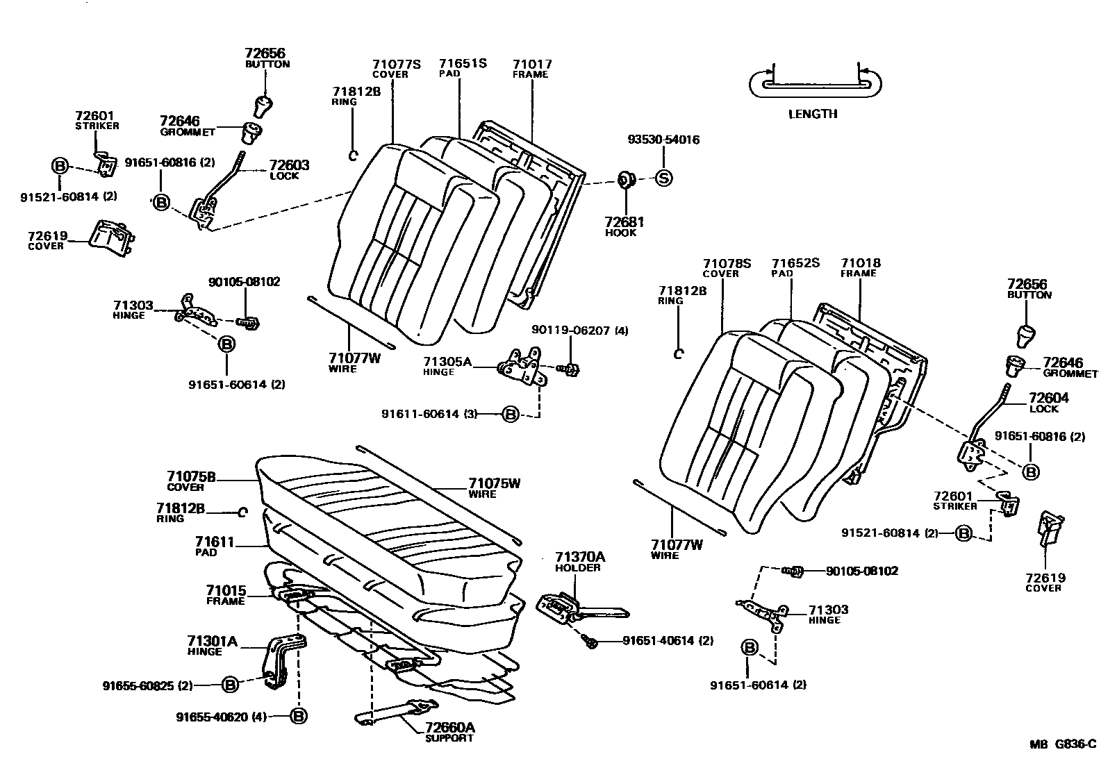 Toyota COROLLA 后排座椅和座椅滑轨 EPC diagram — MBG836C